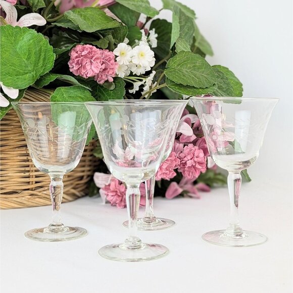 Set of 4 Etched Crystal Cocktail Glasses Dot & Swag Vintage 1940s Willow Moon - Picture 1 of 8